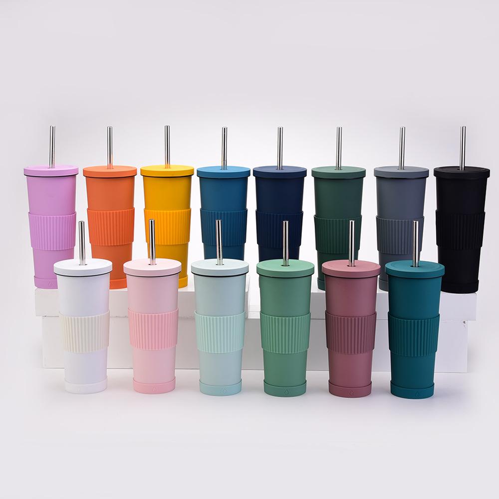 830Ml Stainless Steel Straw Cup Large Capacity Non-Slip Sleeve Straw Thermos Cup Simple Car Water Cup