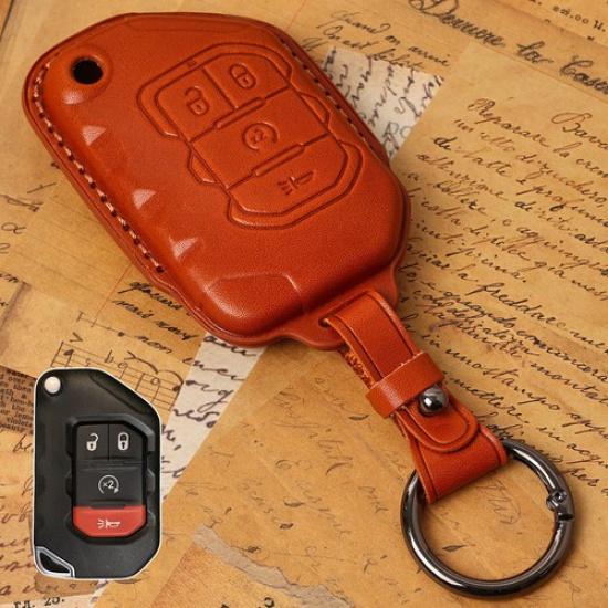 

Genuine Leather 4Button Key Fob Case Cover Shell Holder For Jeep Wrangler 18-23