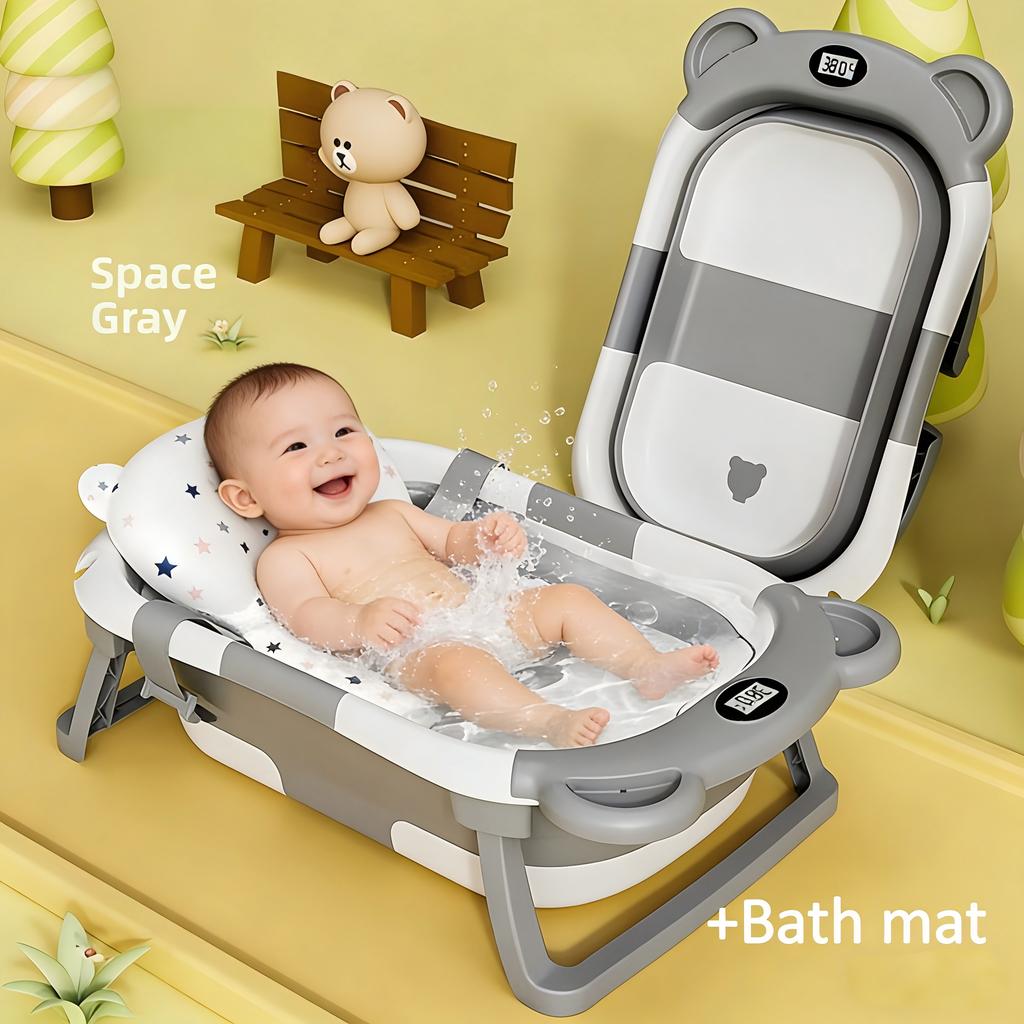 Foldable Silicone Infant Bath Tub Eco-Friendly Baby Bathtub Soft Cushion Thermometer Waterproof Digital Temperature Sensing