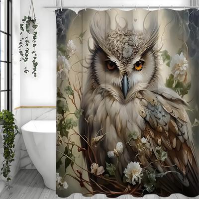 Owl and Floral Shower Curtain, Bathroom Decorative Shower Curtain, Waterproof Shower Curtain with Hooks