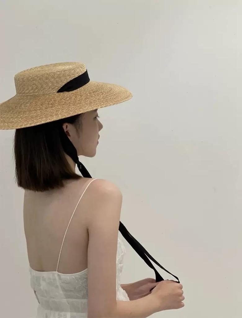 New 10cm Straw Hat For Women Black Ribbon Flat Top Straw Hat Ladies Summer Vacation Sunscreen Sun Hat Wide Brim Casual Girls Cap