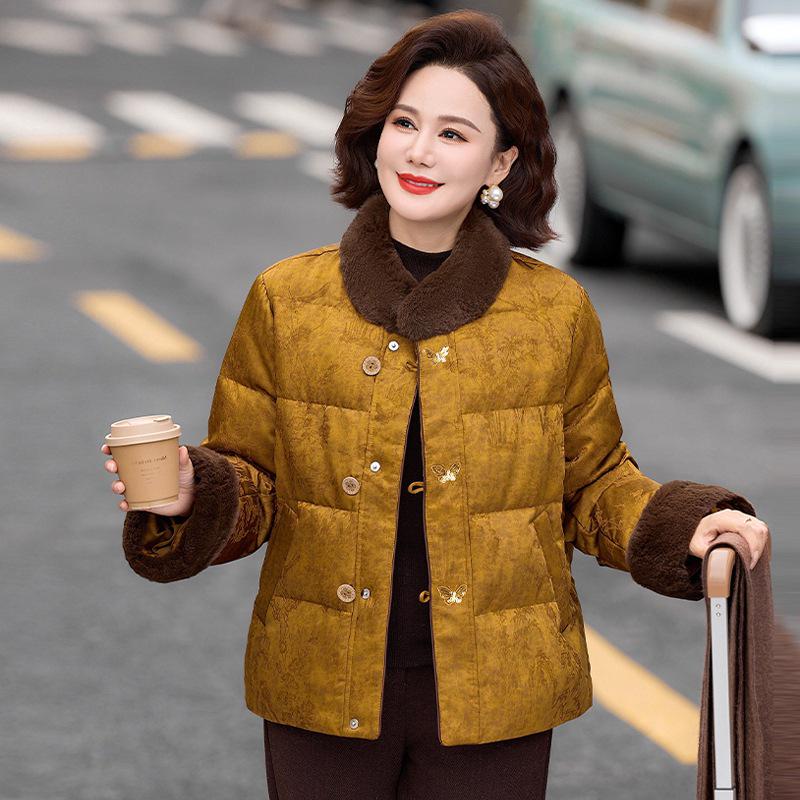 Plus-Thick Cotton-Padded Winter Jacket for Middle-Aged and Elderly Women with Stand-Up Collar
