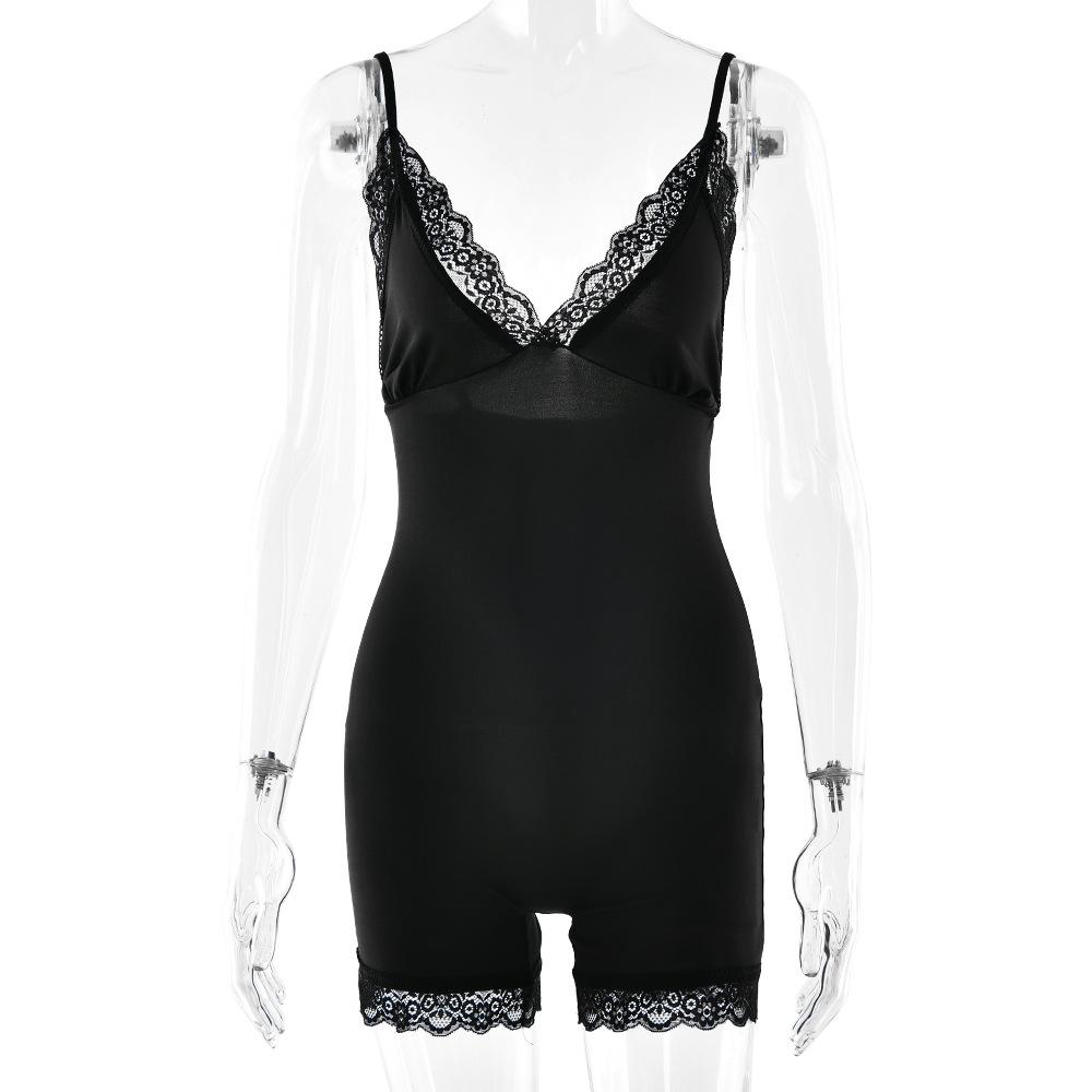 Women s V‑Neck Sleeveless Bodysuit Slim Fit High Waist Sexy Lace Patchwork Short Romper S