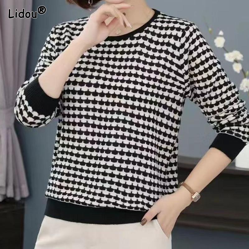 Thin Plaid OfficeLady T-Shirts Autumn Winter Loose O-neck Women's Clothing Sweaters Leisure Pullovers Classic Elegant Simplicity