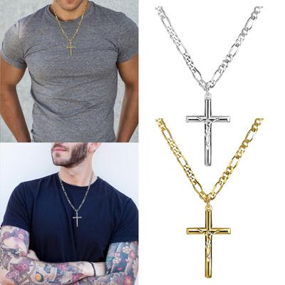 Men's 18K Yellow Gold Plated Crucifix  With 24in Curb Chain