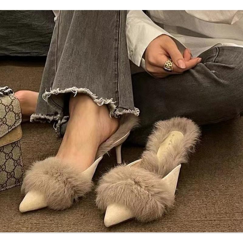 Damen High Heels Pelz Hausschuhe Pantoletten Spitzschuh Pelzige Slides Mode Elegante Luxus Designer Flip Flops Büro Pumps