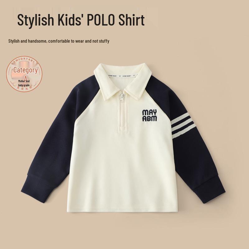 2026 Back to School Boys' Long Sleeve Polo Shirt - Children's Lapel Patchwork Top for Spring