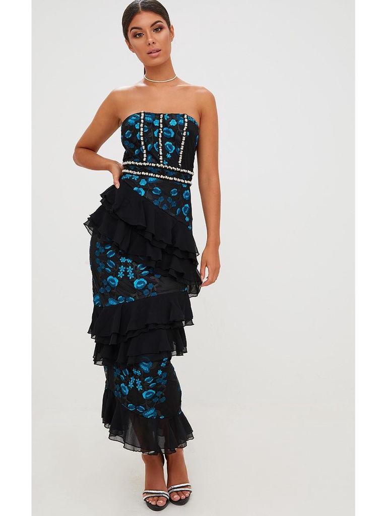 Rochie de petrecere europeană și americană fără bretele, cu dantelă cu volane, talie înaltă, subțiatoare