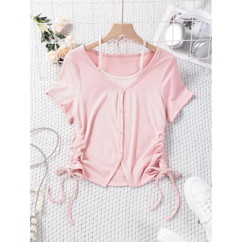 Jednobarevné falešné dvoudílné tričko s krátkým rukávem a stahovací šňůrkou u krku Dámské topy