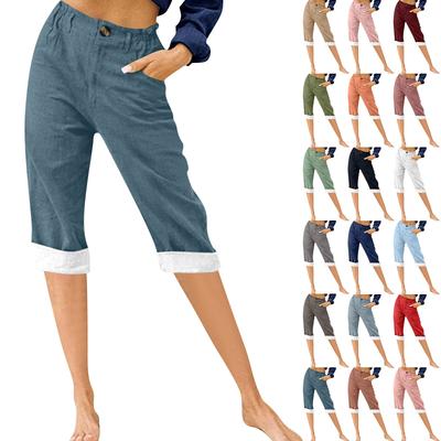 Calças de moda para mulheres cor sólida algodão linho moda solta cintura alta casual calças cortadas