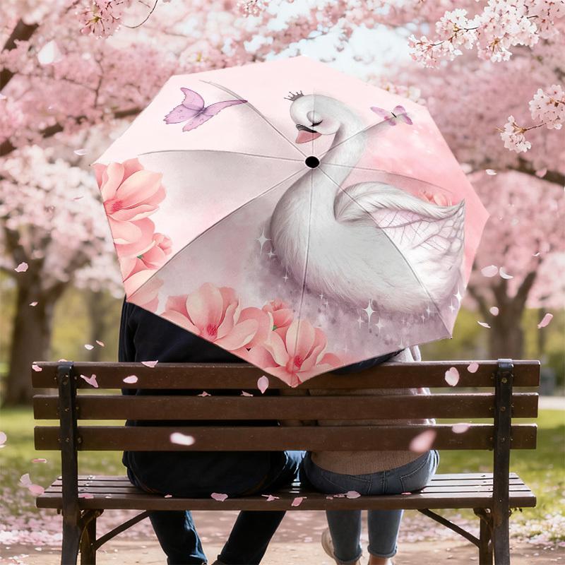 1pc Swan Princess Automatic Folding Umbrella, Heavy Duty 8 Rib Iron Frame,  Suitable for Travel, Daily Use, Birthday, Decor Gift m0104027