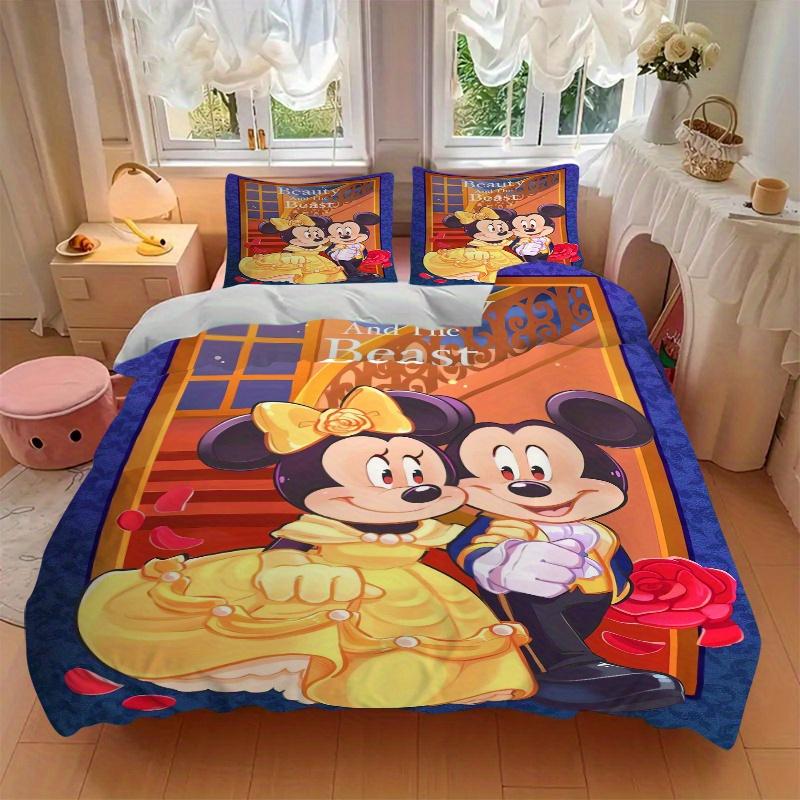 3pcs Beauty and the Beast Theme Mickey and Minnie Bedding Set Includes 1 Quilt Cover and 2 Pillowcases, Comfortable Bedding