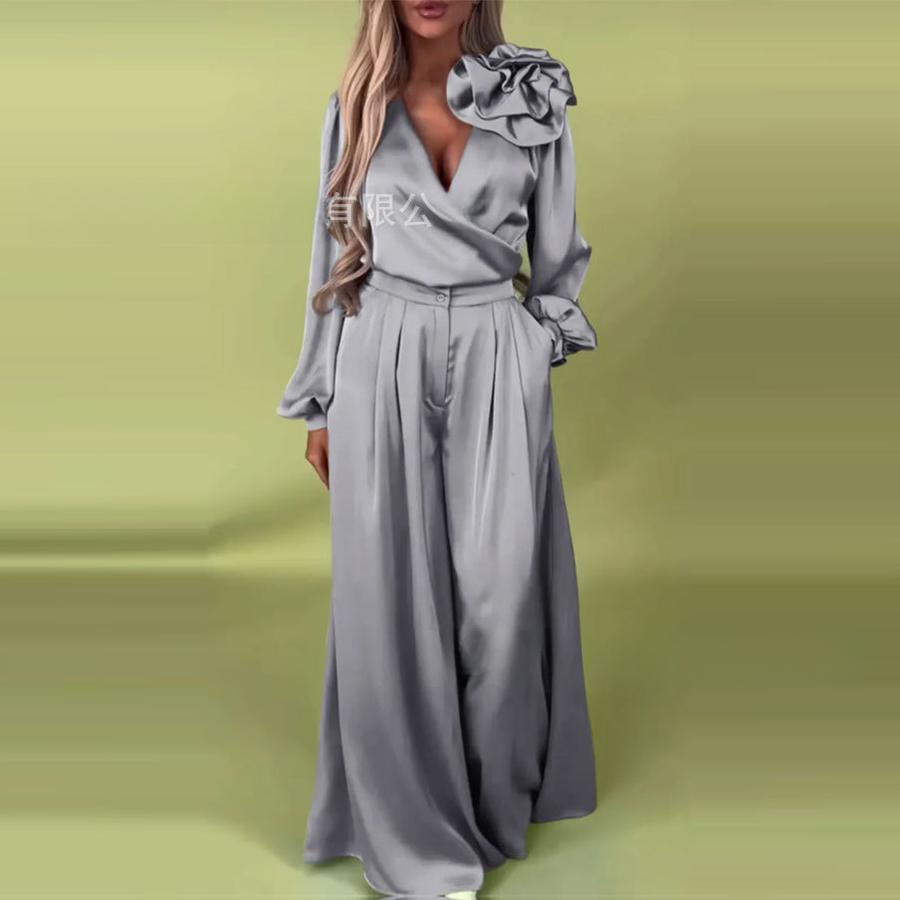 Ensemble Pantalon Large à Jambes Larges et Haut Élégant de Luxe à Manches Longues et Décolleté en V pour Femmes au Printemps