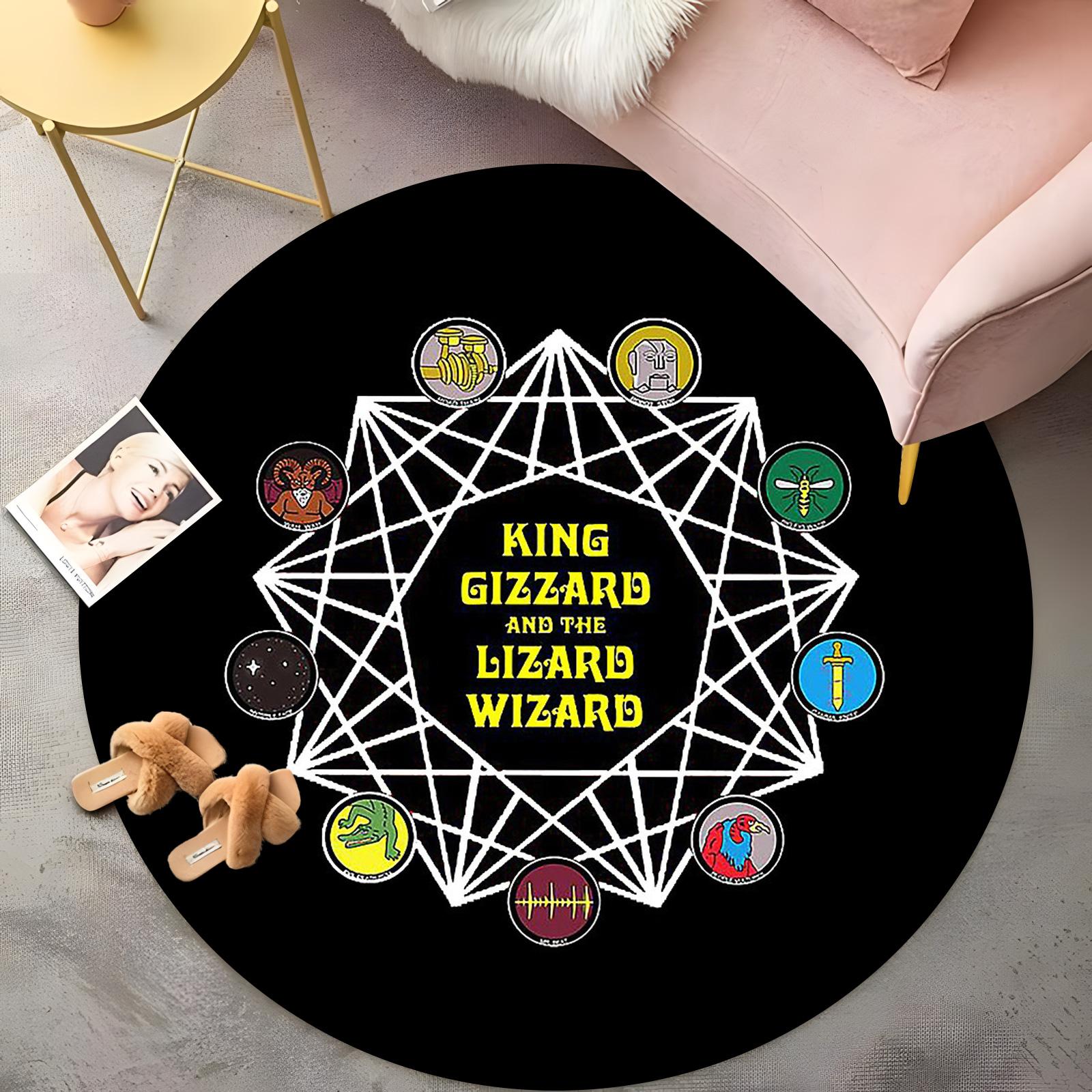 

Round Rug - Psychedelic Band Logo with Album Symbols, Black & Yellow Retro Carpet, Non-Slip Music Lover Floor Mat 60cm