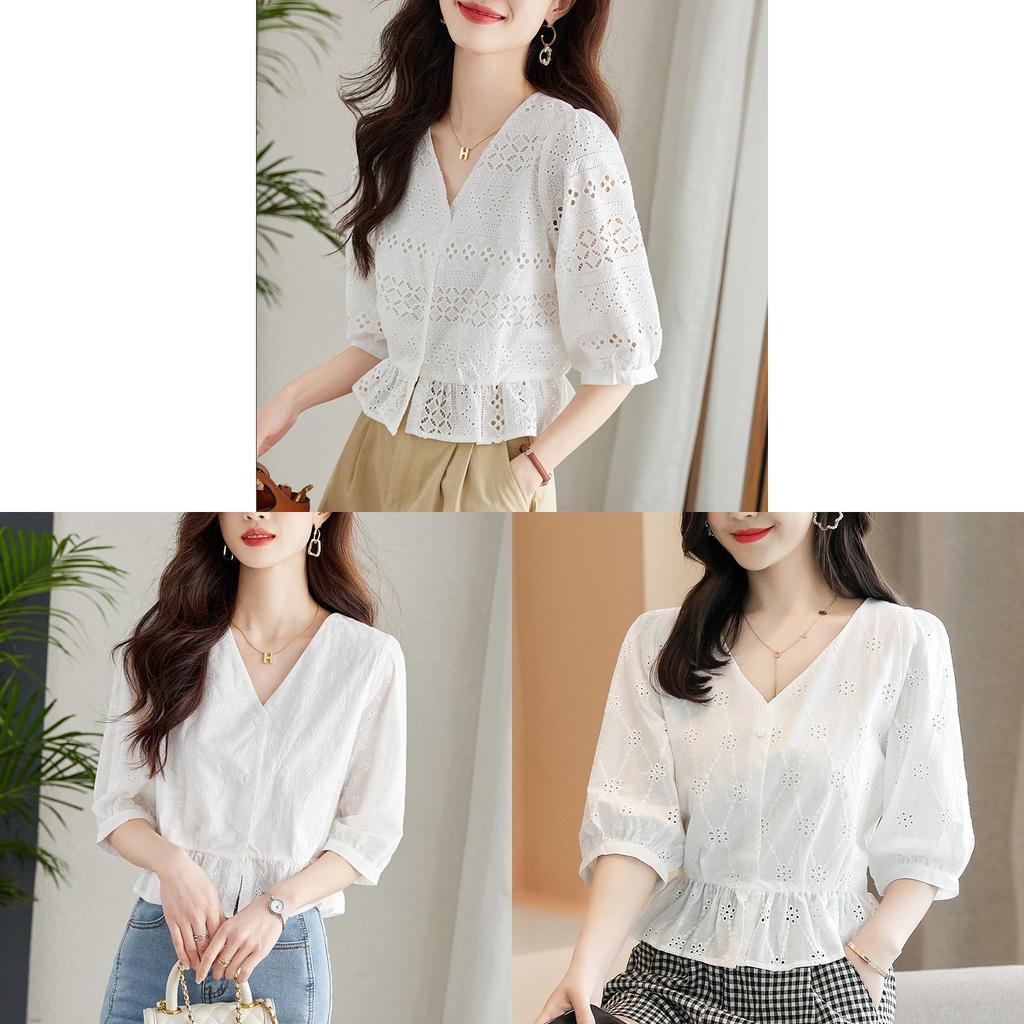 Cotton Embroidered Short Sleeve Shirt For Petite Women With V Neck And Floral Design