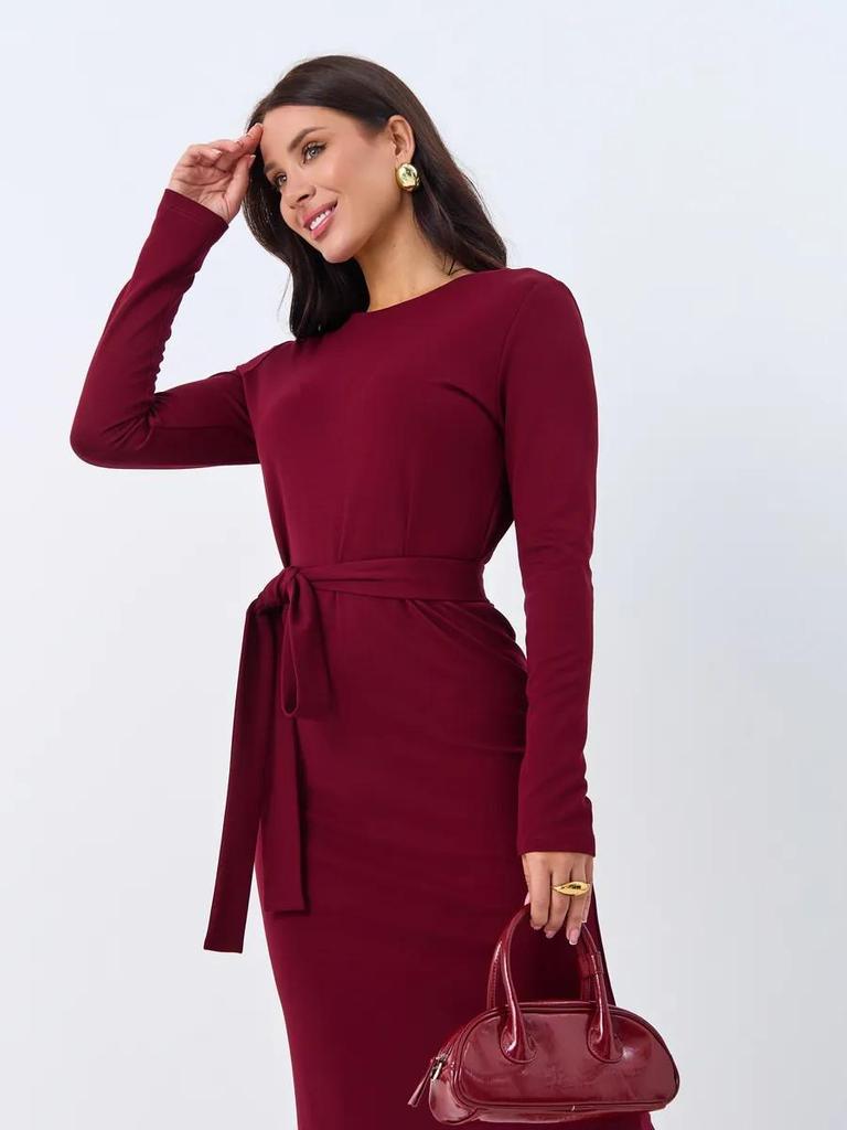 European & American Women's V-Neck Slim Fit Long Sleeve Midi Dress