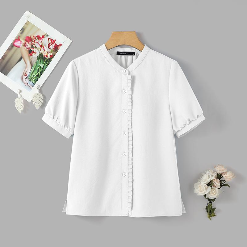 ZANZEA Damen Freizeit Rundhals Einfarbig Kurzarm Bluse