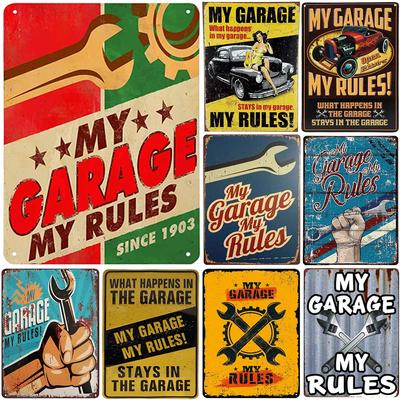 Metall Blechschilder Meine Garage Meine Regeln Wanddekoration Plakette Vintage Poster Eisenmalerei für Man Cave Zuhause Café Gartenverein Bar