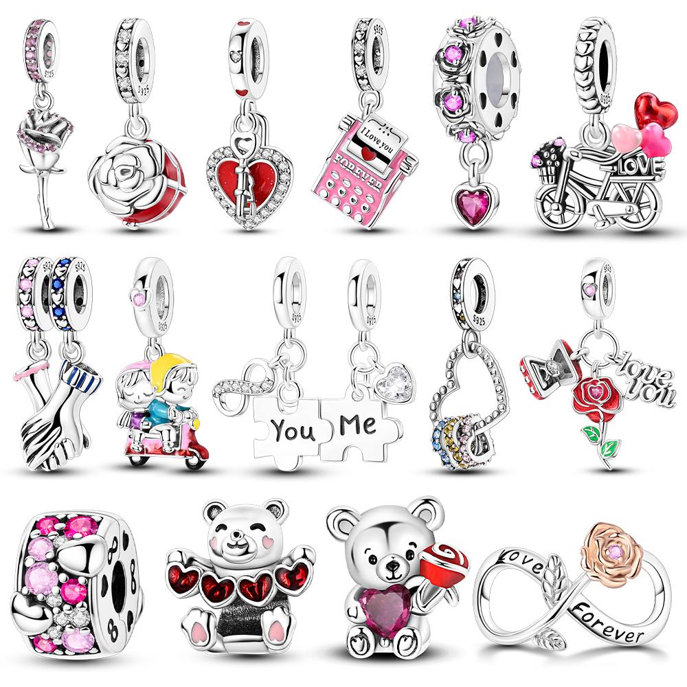 Authentic copper Plated Newest Valentines Day Charm Bead Charms Rose Heart Bead Charms Compatible With Bracelets Necklaces Pendants Making Jewellery