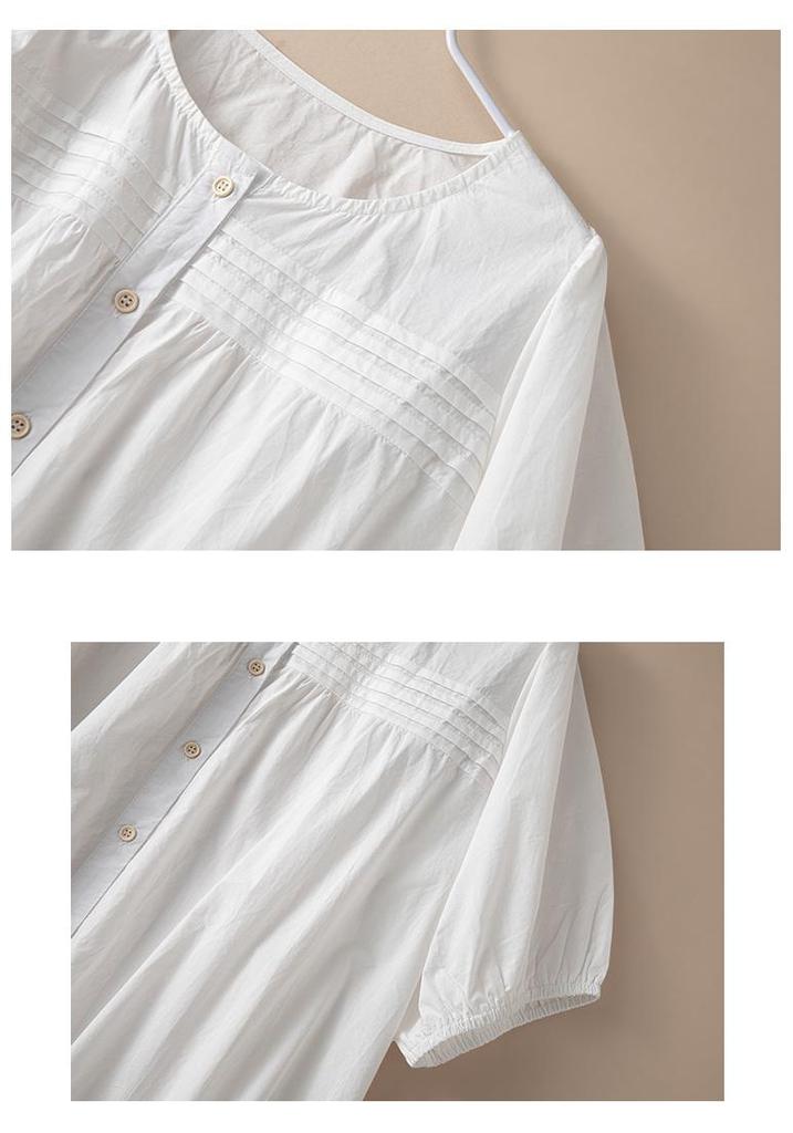 White Puff Sleeve A-line Top for Women - Korean Style, Summer 2026, Round Neck, Accordion Pleats