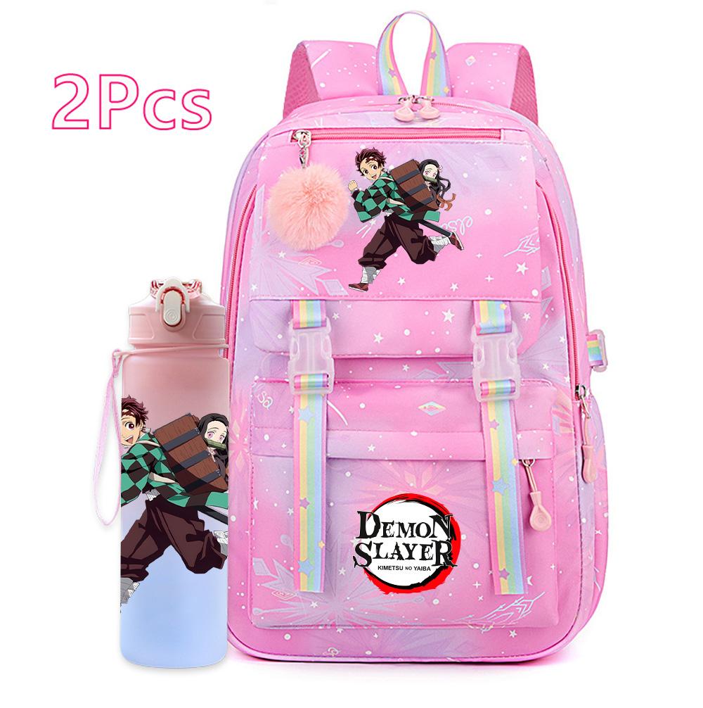 2Pcs/set Anime Cartoon Demon Slayer Printed Backpack with 750Ml Water Bottler for Teenager Bookbag Large Capacity Waterproof Travel Bag Gift