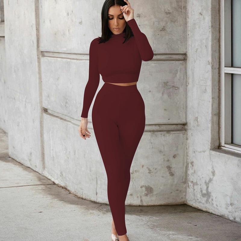 VEZFAA Women's Fashion Casual Spring Autumn Solid Color Print Long Sleeve O-Neck Trousers Pants Suits