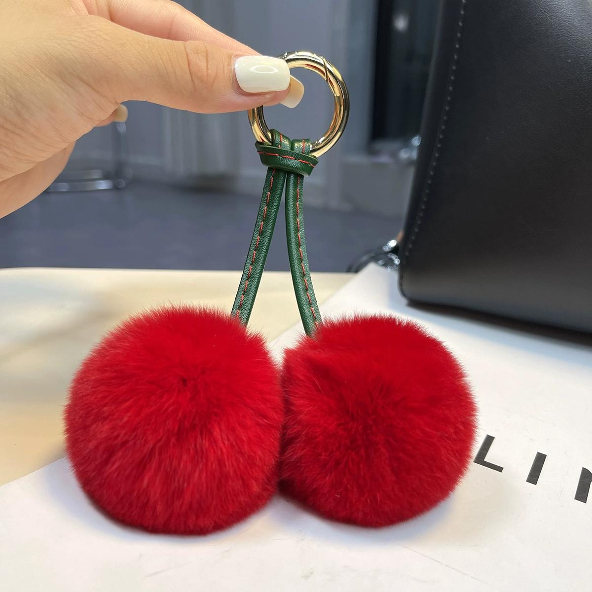 

Настоящий мех кролика рекс Вишня Брелок для ключей автомобиля Кулон Интернет-знаменитости ins Милый помпон Подвеска для сумки Подарок на день рождения