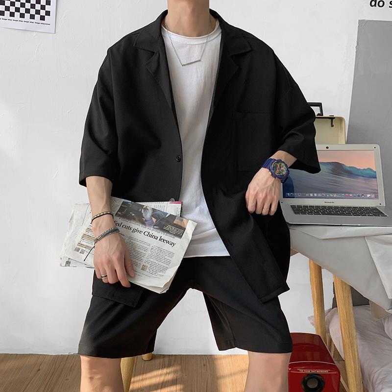 Completo estivo da uomo a 2 pezzi Giacca e Pantaloncini Vestibilità Larga Pulita Abbigliamento Maschile Camicia Corta Casual Larga