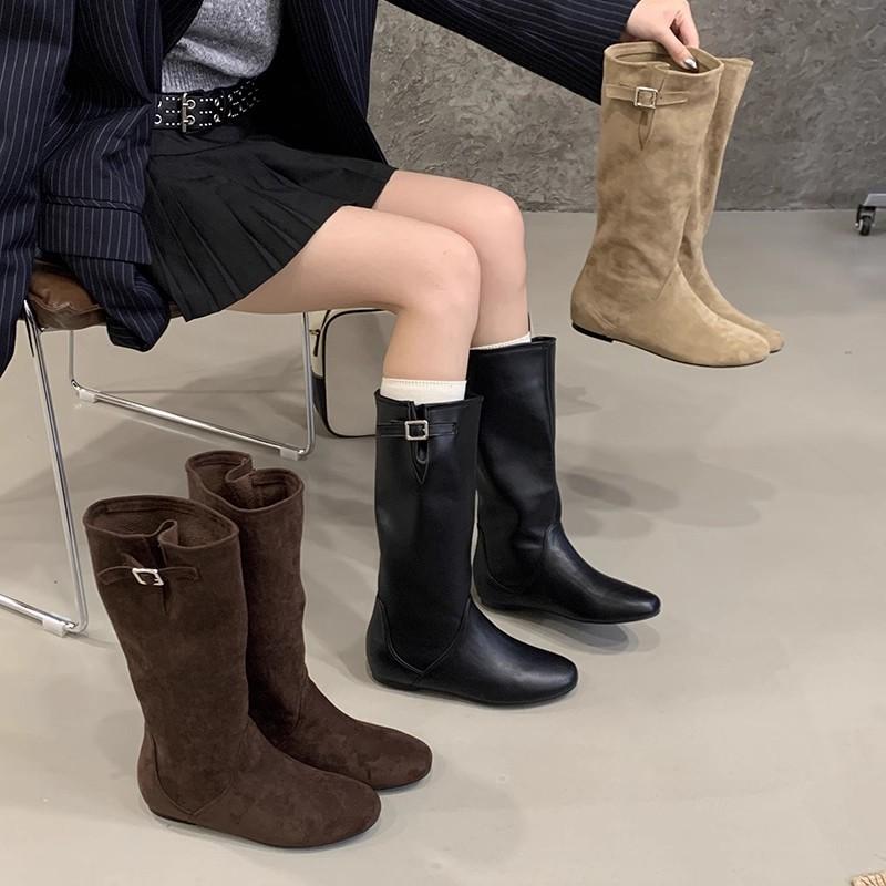 Show long legs! Frosted suede medium tube stacking boots, wide tube looks thin, but inner knee height increase, knight boots, genuine leather boots