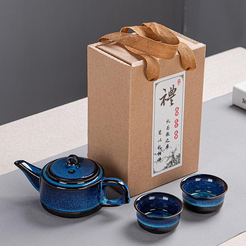 

Керамический набор для кунг-фу чая с глазурью Тяньму, меняющей цвет в печи, 24 чашки, чайник, чашки, бизнес-сувенир