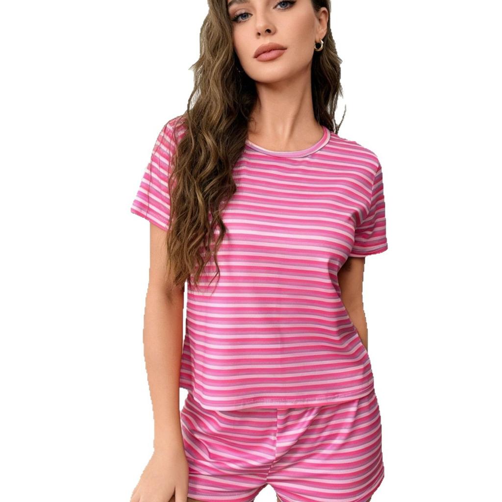 Women's Home Wear Set - Striped Short-sleeved Shorts Pajamas, Loose-fitting, Suitable for Wearing Outside The Home, Home Wear Set
