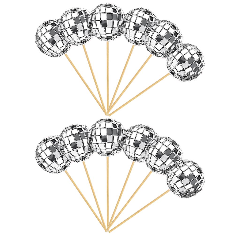 12 Pcs Disco Cake Sign Cupcake Decoration Ball Gold Wedding Insert Inset Wood + Glass Decorative Pick Baby Birthday Topper