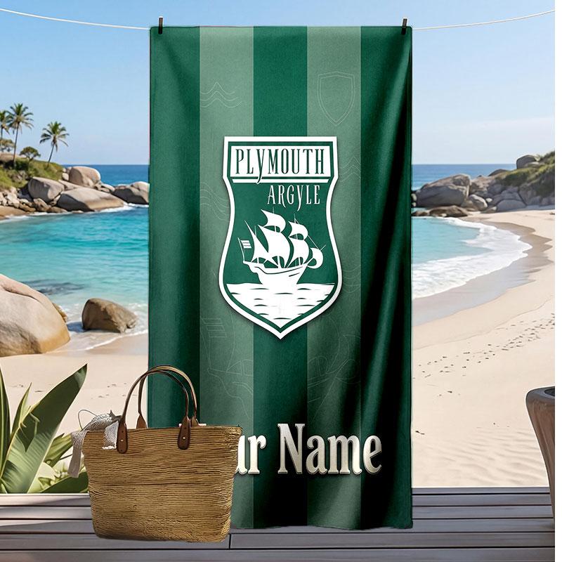 Plymouth Argyle FC Personalized Printed Beach Towel Soccer Logo Support Custom Name Text Absorbent Towel For Sport Travel Special Gift