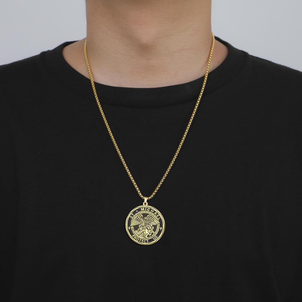 St. Michael Protect Us Pendant Necklace for Men Women Stainless Steel Archangel Medallion Religious Christian Amulet Jewelry