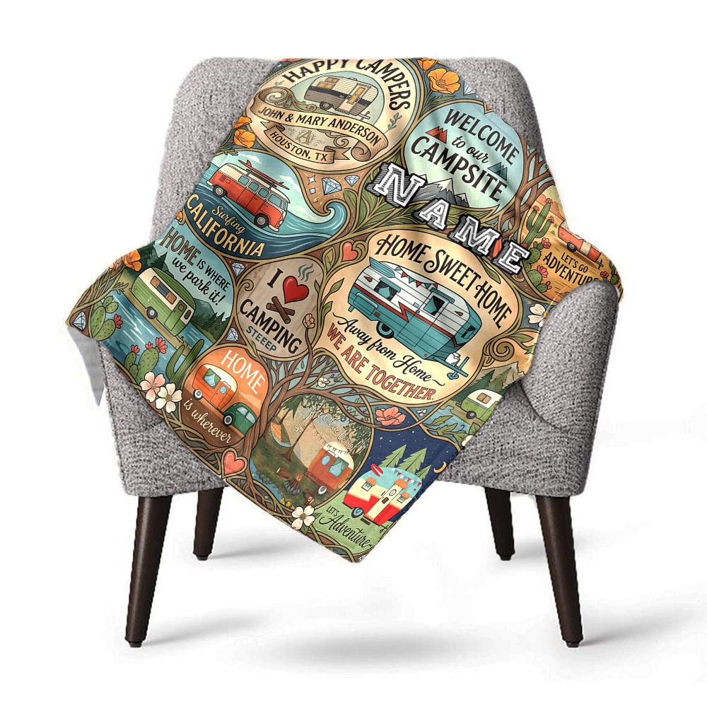 Camper'S Welcome Artwork Customize Your Name Home Blanket Camping Adventure Theme Comfortable Soft Lightweight Allseason Multipurpose Blanket For