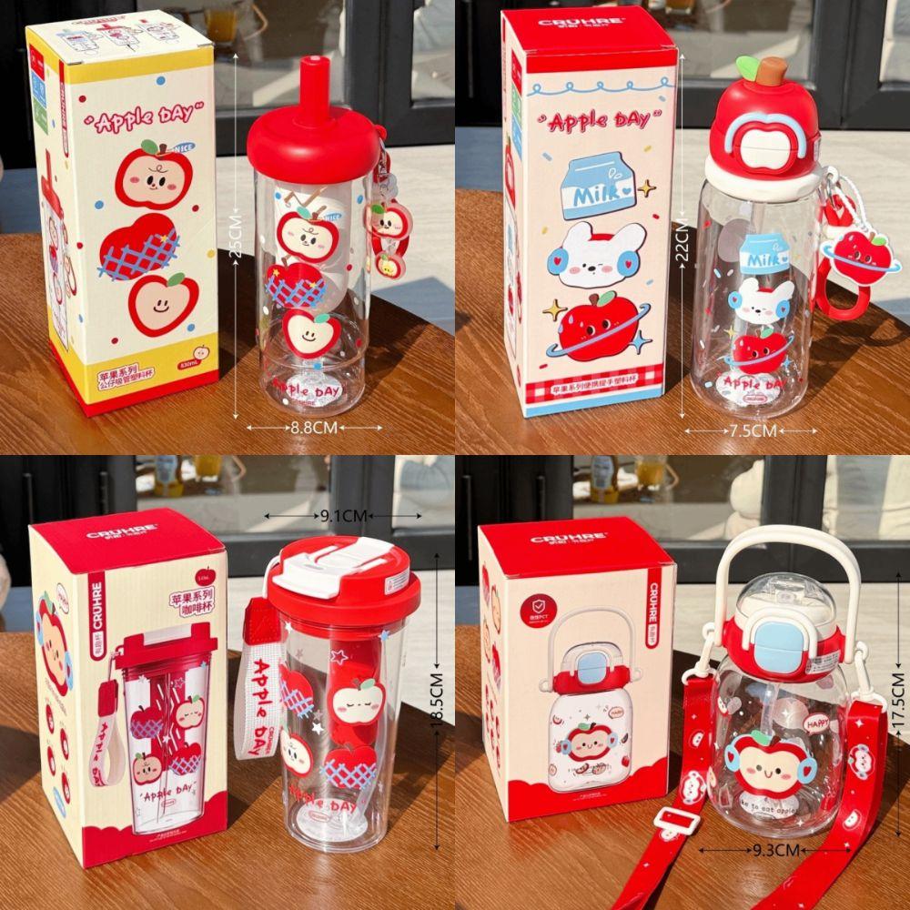 New Plastic Water Bottle Cute Design Cartoon Apple Pattern Drinking Bottle Red Color Straw Water Cup for Women Girls