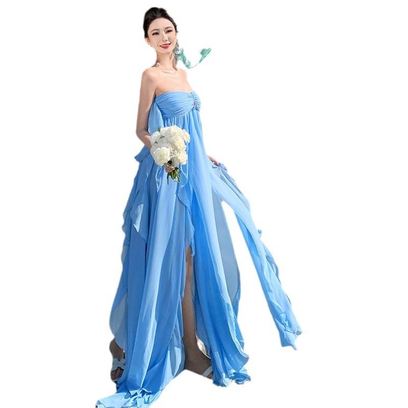 French Ruffle Edge Blue Holiday Neck Tube Top Dress Female Backless Birthday Date Dress
