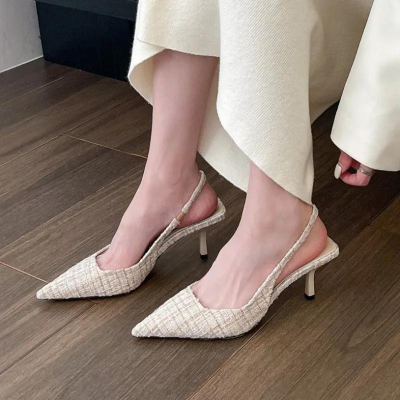 

Женские сандалии 2024 года, новые модные летние босоножки на высоком каблуке Baotou, сексуальные остроносые туфли для вечеринок, повседневные туфли без застежек Zapatillas Mujer 34 бежевый