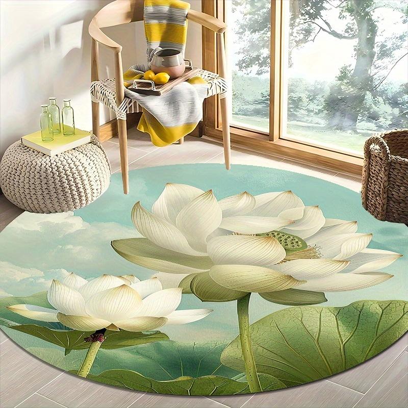 Serene Lotus Theme Flannel-printed round floor mats are slip-resistant Suitable for living room bedroom terrace garden carpets