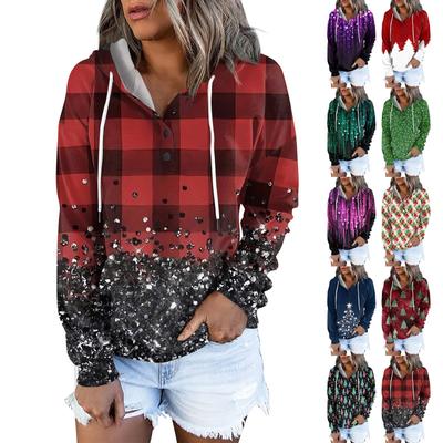 Women's Casual Fashion Print Long Sleeve Button Pullover Hoodies Sweatshirts