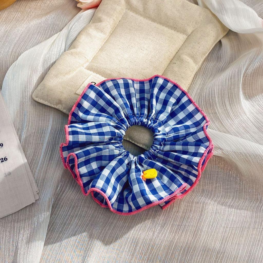 1 Stück süßes Mädchen kontrastierendes Karomuster doppelter Darmring, koreanische florale Schleife, großer Darm Haarring, Bälle Haarseil Kopfschmuck