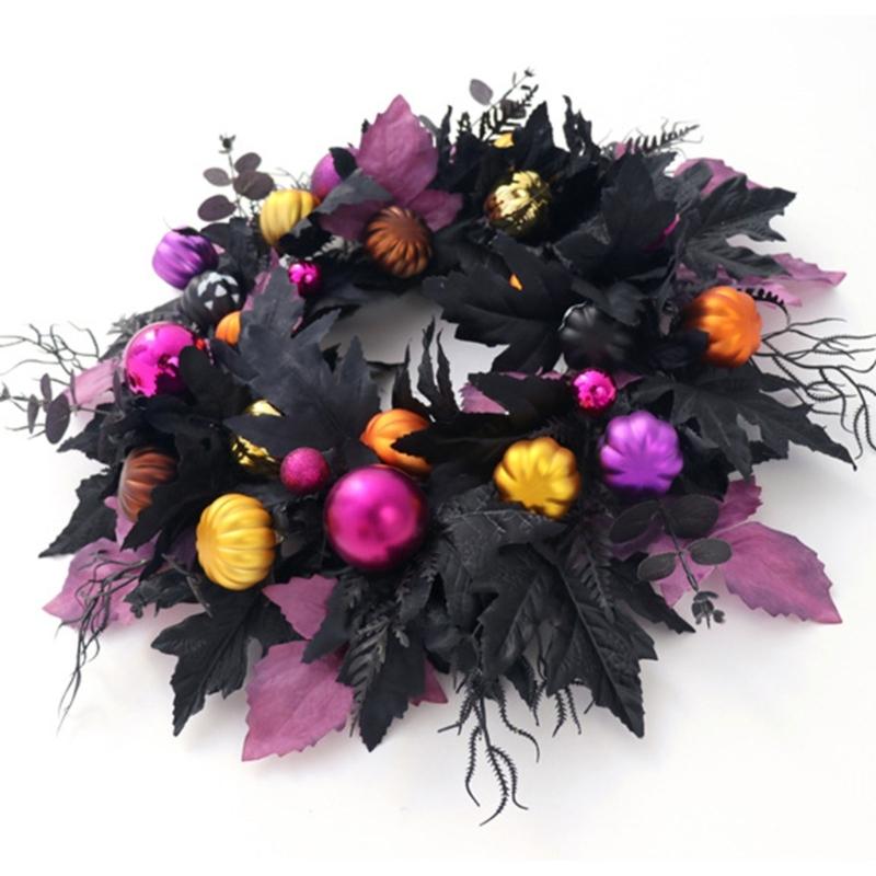 Halloween Front Door Wreath, Artificial Floral Wreath with Black Purpler Leaves Hanging Decoration for Front Door Entryway Wall