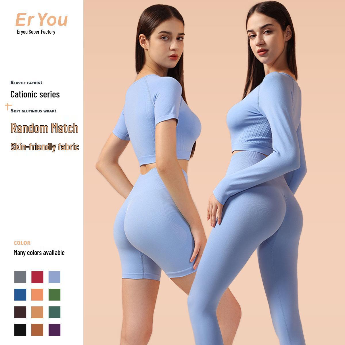 

Women s Seamless Pleated Yoga Set: High-Waist Slim Fit, Short Sleeve, Two-Piece for Outdoor Fitness. Small