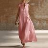 Langes Freizeitkleid für Damen, ärmellos, mit Stehkragen, lockerer Passform, aus Leinen-Baumwollmischung, mit chinesischen Froschknöpfen, für den Alltag
