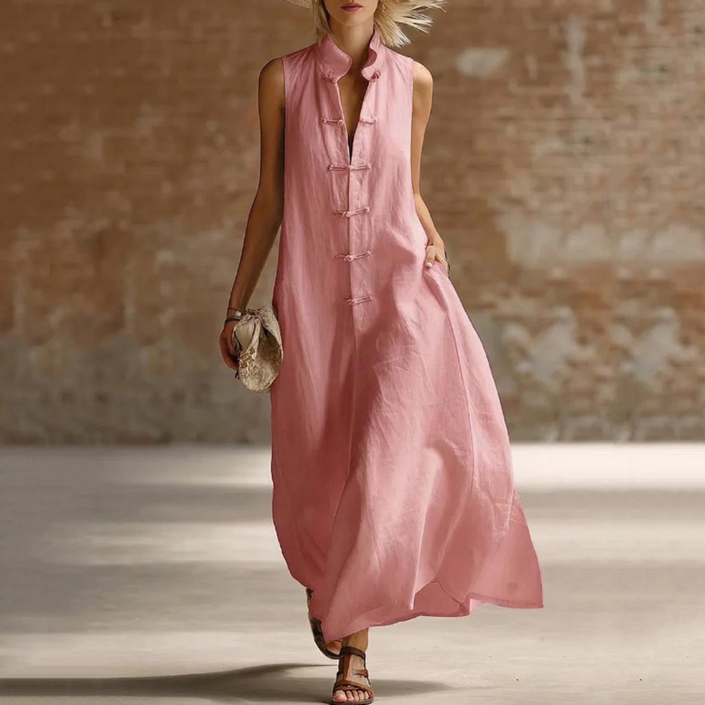 Langes Freizeitkleid für Damen, ärmellos, mit Stehkragen, lockerer Passform, aus Leinen-Baumwollmischung, mit chinesischen Froschknöpfen, für den Alltag