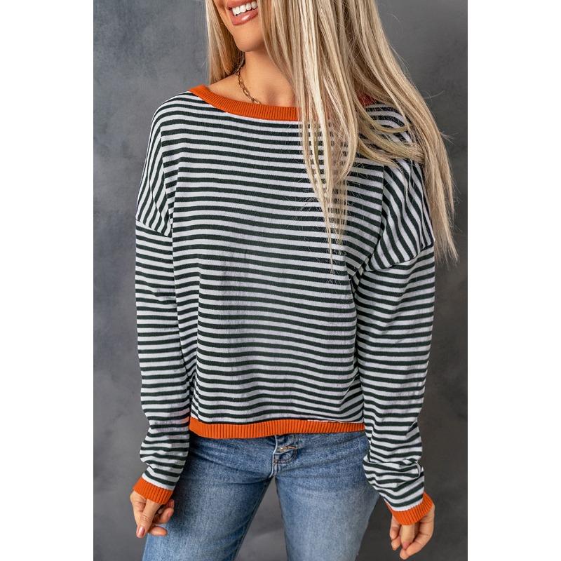 Høst kvinners rund hals stripete Clashing langermet uformelt topp