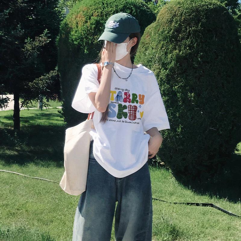 American retro letter printing pure cotton large size fat mm short-sleeved t-shirt women's summer loose and thin bottoming shirt half sleeve