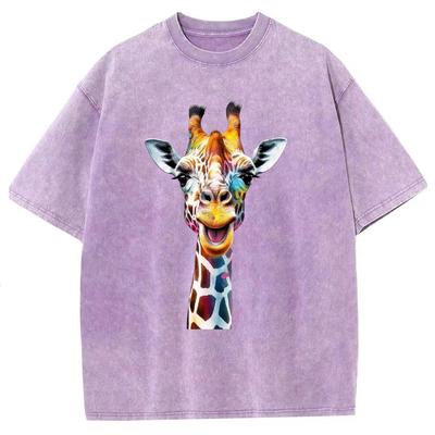 Sommer Damen T-Shirt Weiß Oversize Y2K Giraffen-Print Locker Kurzarm Unisex Lässig Schlichtes Oberteil Herren