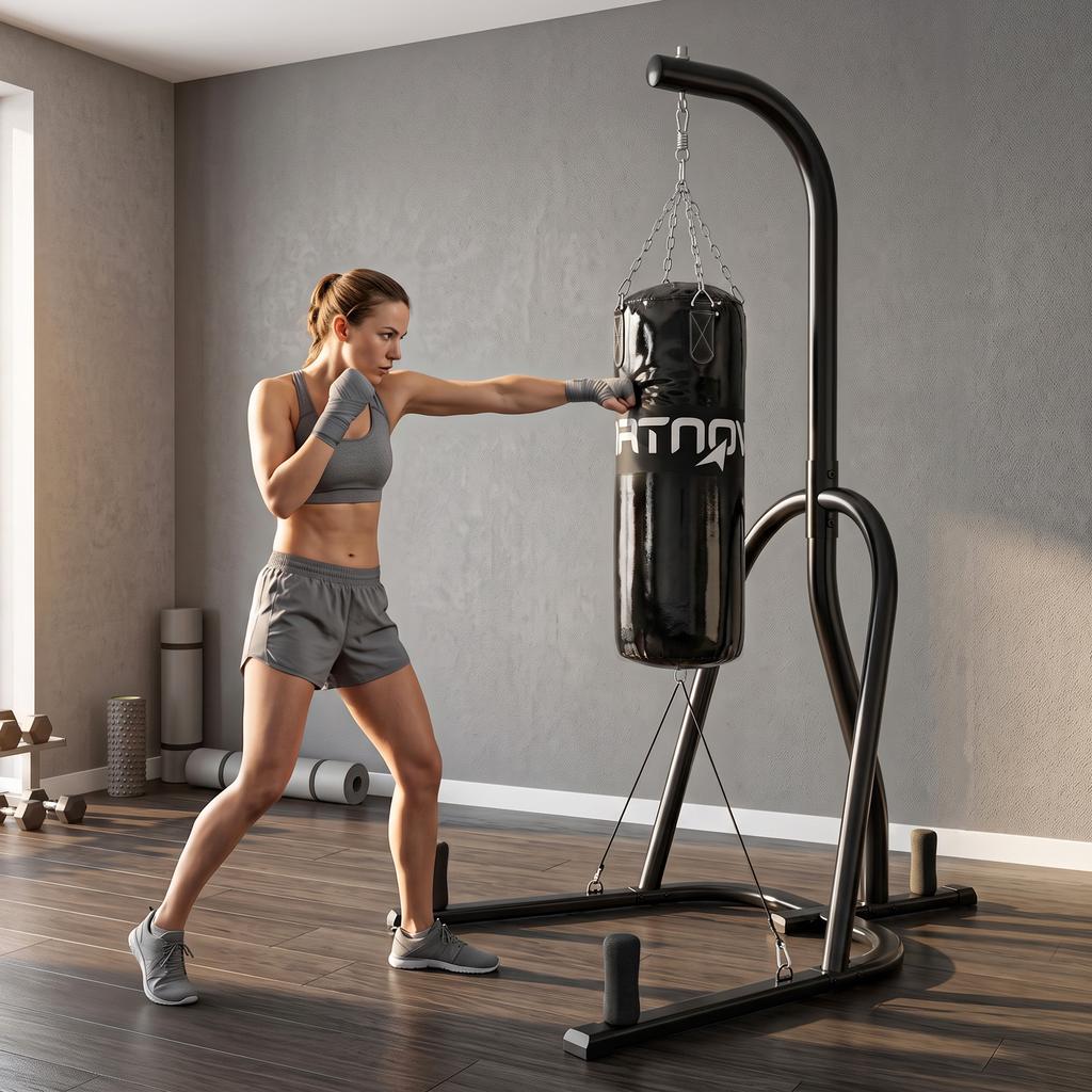 Punching Bag Stand Freestanding Punching Bag Holder with Punching Bag Bungee Cord 360 degrees Chain U-Base Weight Plate Holder Steel