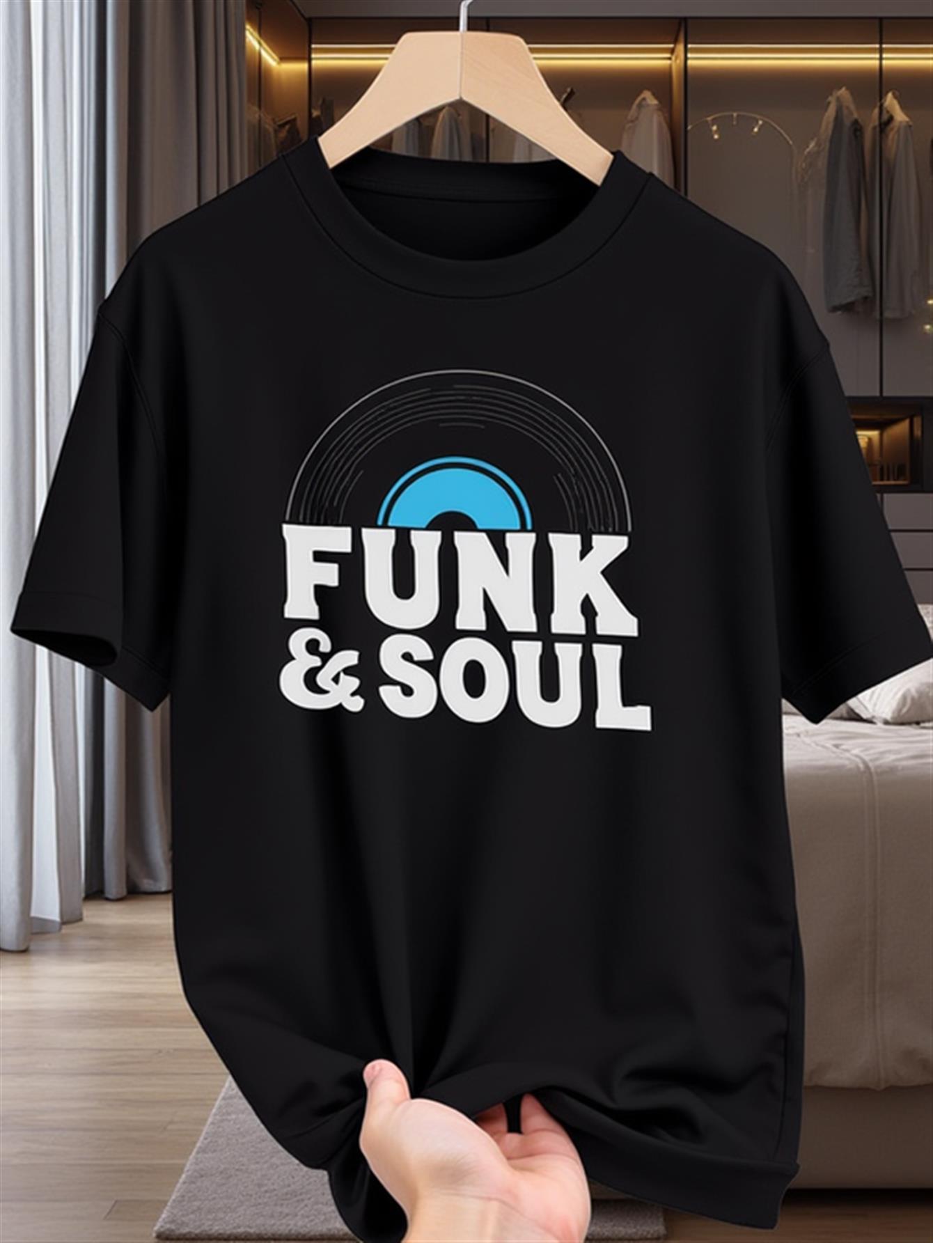 

Mens Black T-Shirt with Bold FUNK & SOUL Print Vintage Vinyl Record Design | Breathable M